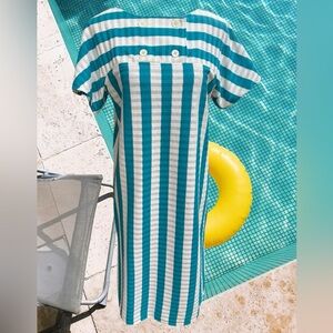 HALSTON 111 CASUAL CRUISE RESORT KNIT BLUE & WHITE STRIPED MIDI SHIFT DRESS SZ M
